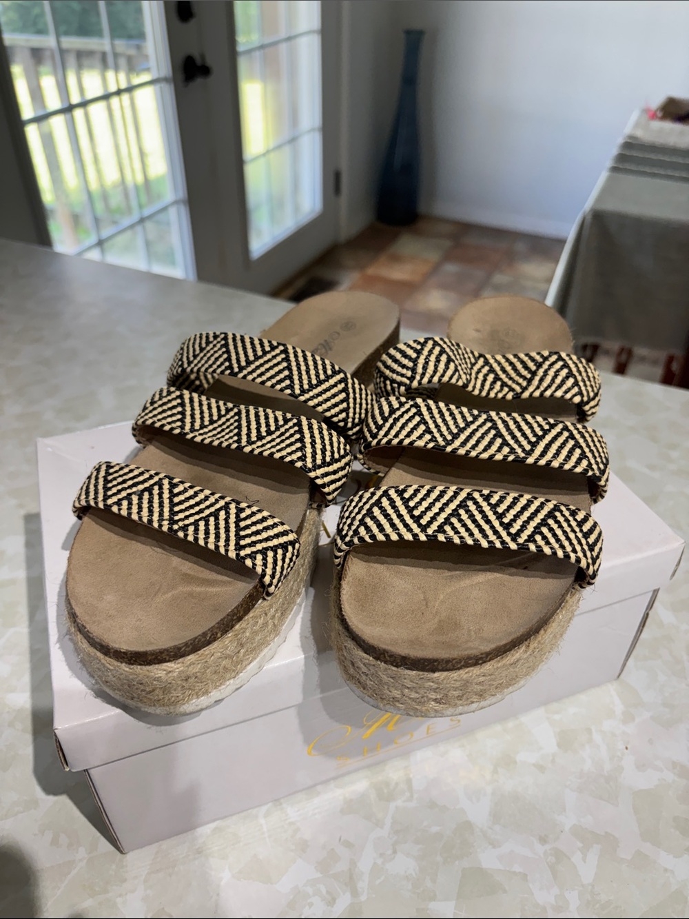Woven Black & Cream Triple-Strap Platform Sandals